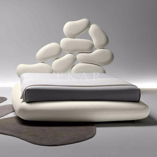 Wooden Frame Unique Shaped Upholstered Headboard Latest Double Bed Design