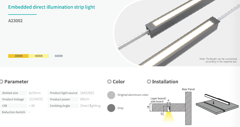 12V/24V 8W/M CRI90+ Under Cabinet Embedded LED Strip Light 15° Oblique And Direct Illumination