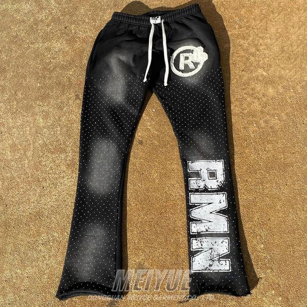 Lavado de Acido de Piedra a medida Aplicación Distressed bordado Vintage Pantalón de sudor Pantón de sudor Acido Lavado Mens Pantalones de sudor de Rhinestone