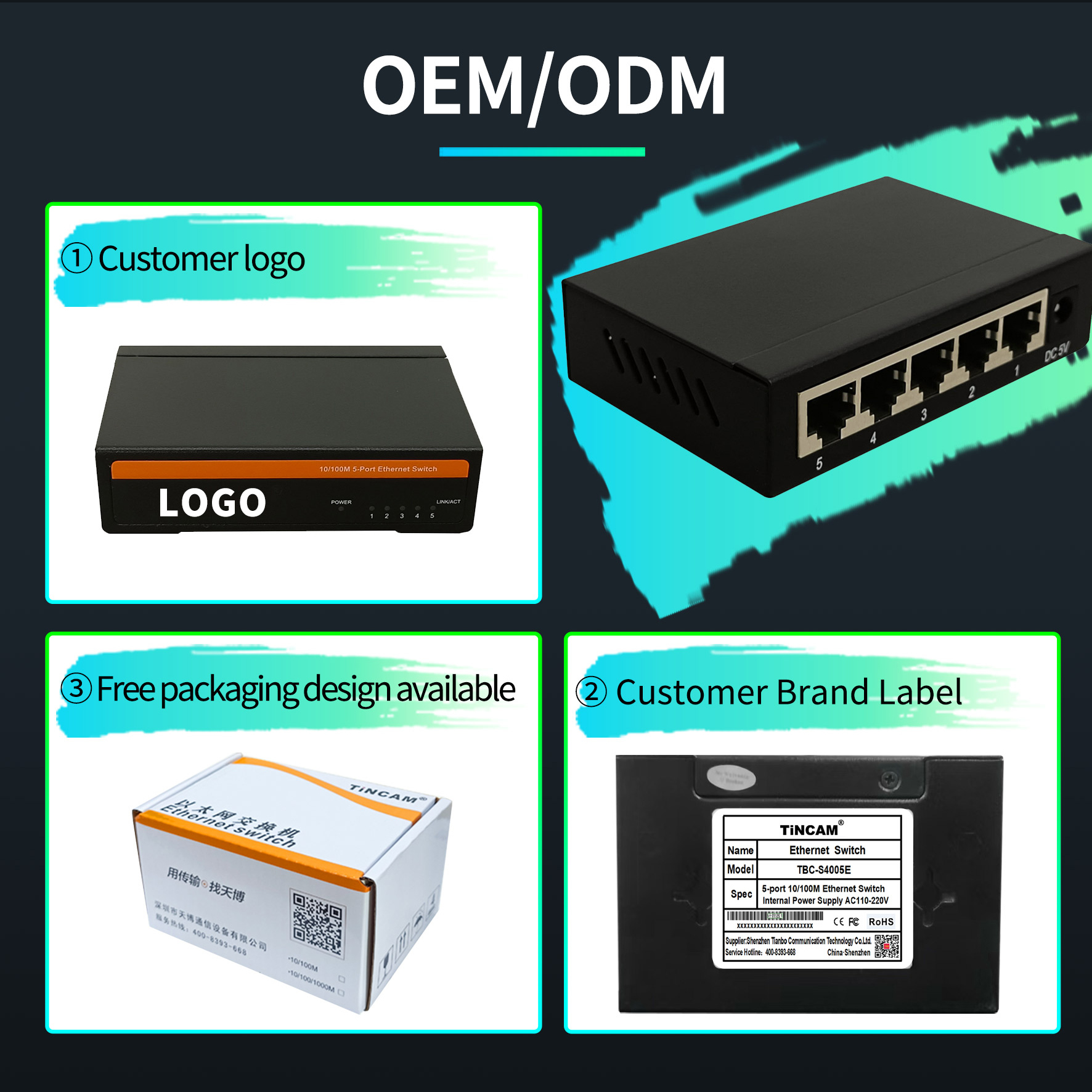 5 Port 10/100Mbps Fast Ethernet Switch Unmanaged Desktop Network Switch Metal Case Plug and Play External 5V Power Adapter TBC-S4005E