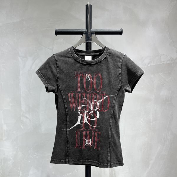Custom Vintage Acid Wash Regular Women T-shirt Gothic Red Rhinestone Letter Print Side Seam Short Sleeve Summer Y2K Streetwear