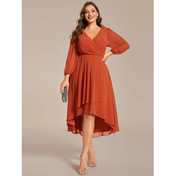 Elegant Empire Long Sleeve V-neck High Low A-line Ruffled Midi Burnt Orange Chiffon Wedding Guest Cocktail Dress