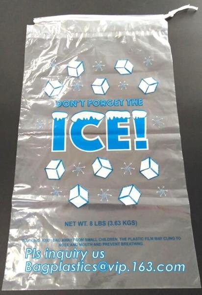 ECO FRIENDLY ICE PACK BAGS, ECO GREEN PACKAGING, BIO ICE BAG, disposable drawstring top crystal clear ice plastic bag,