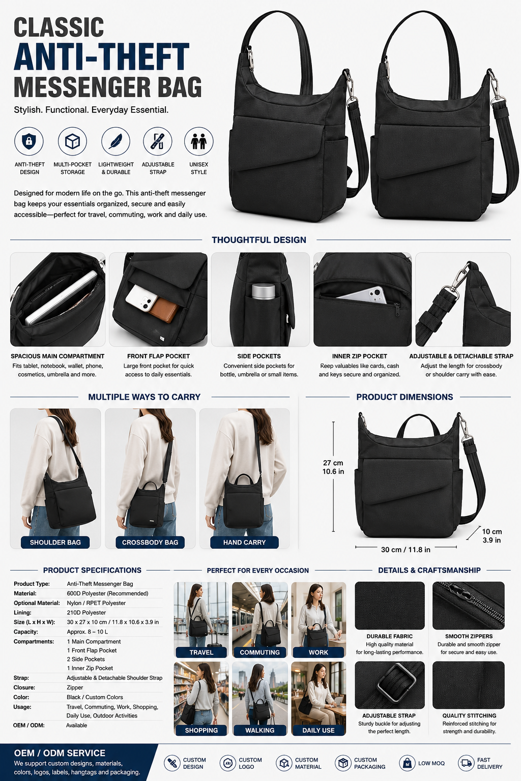 Classic Anti-Theft Messenger Bag, Secure Crossbody Shoulder Bag with Multi-Pocket Storage for Men and Women, Travel, Work & Daily Commuting