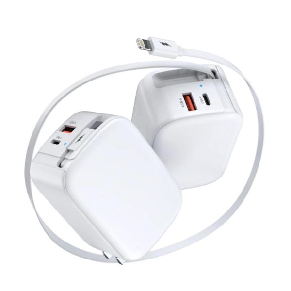 2024 novo produto de design 3in1 telefone GaN carregador rápido 45W 8Pin portas com cabos retraíveis