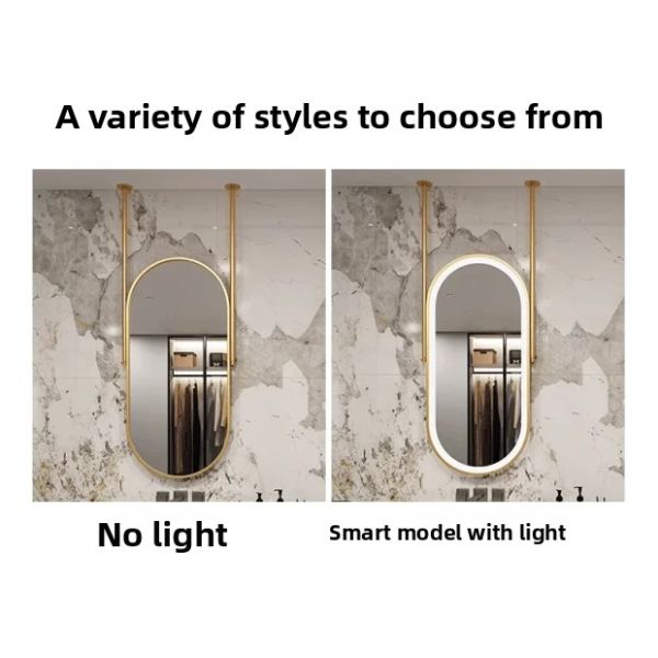 Hotel-Grade Oval Double Rod Suspended Stainless Steel Frame Bathroom Ceiling Mirror Rectangle IP44 Modern Touch Switch for Villa