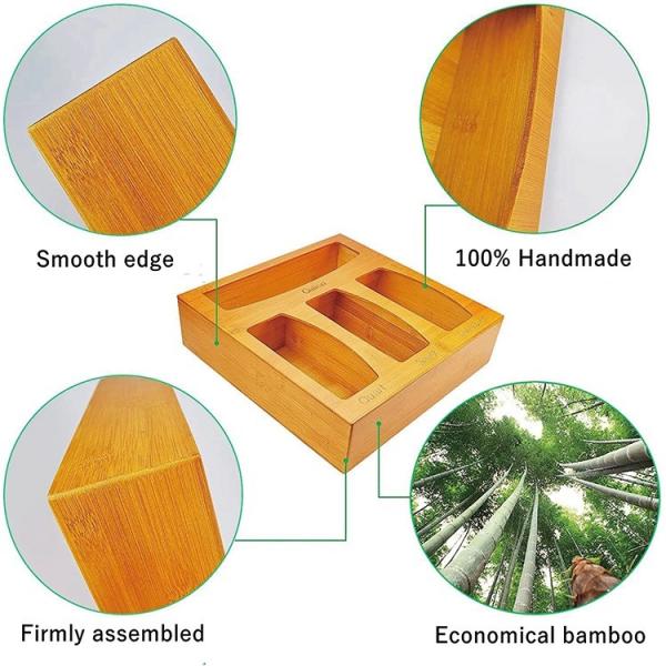 Organizador de armazenamento de sacos de ziplock de bambu personalizado com medidas de 30x30x7.6cm
