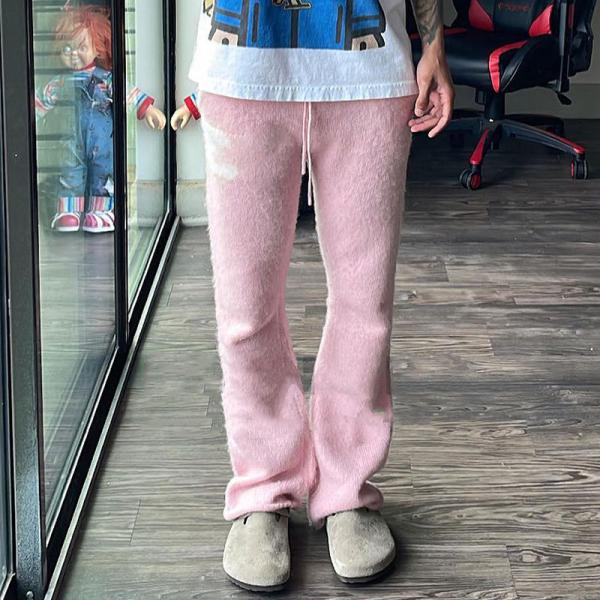 Custom OEM Wide Leg Mohair Flare Pants Unisex Drawstring Long Streetwear Jogger Sweatpants Mohair Sweater Pants for Men