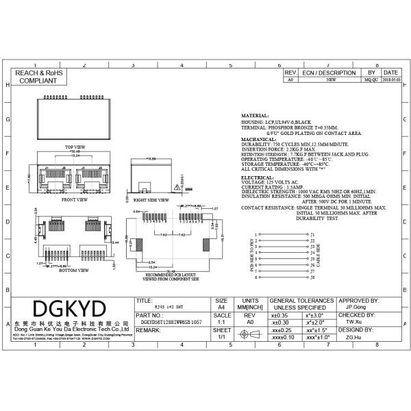 ПЛАТА порта двойника UL 94V-0 56 ВВЕРХ ПО соединителю сети RJ45