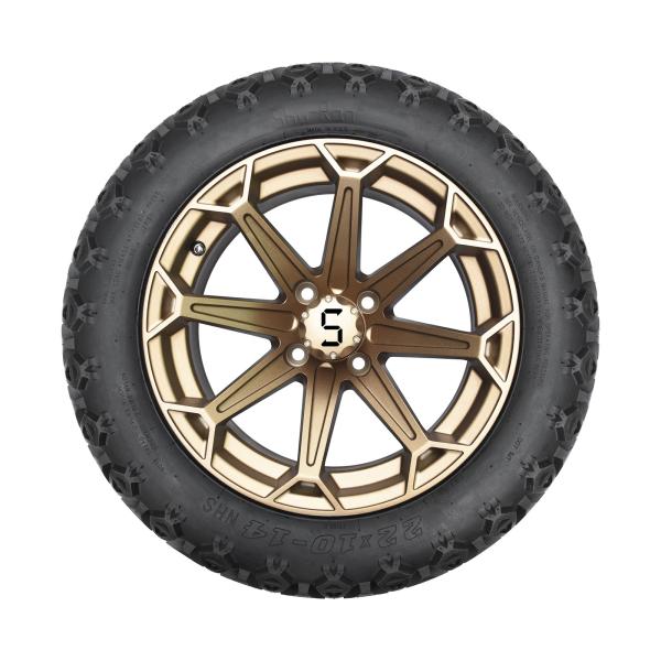 14 Inch Golf Cart Bronze Wheel and 22x10-14 Off-Road Tire with Lug Nuts and Center Caps