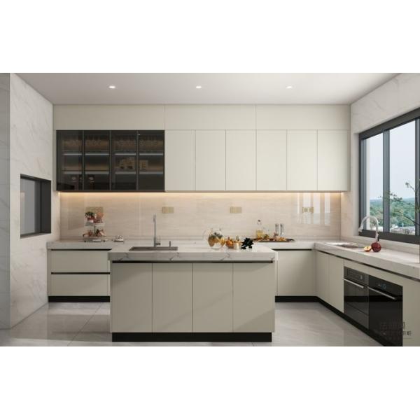 Off-White U-Shaped Stainless Steel Kitchen Cabinet with Island