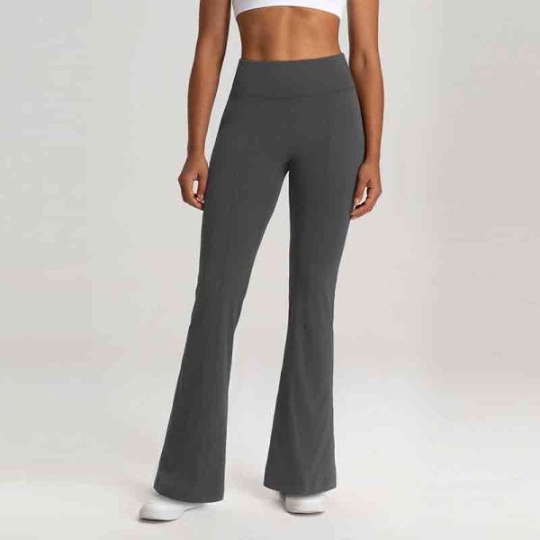 High Waisted Flare Long Yoga Pants Dark Gray Soft Stretch Fabric Tummy Control