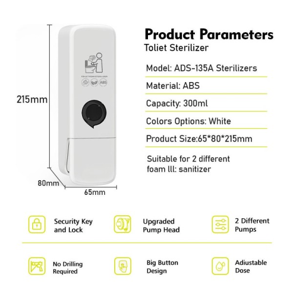 White ABS 300ml Capacity Toilet Sanitiser Dispenser Wall Mounted 65x80x215mm Size