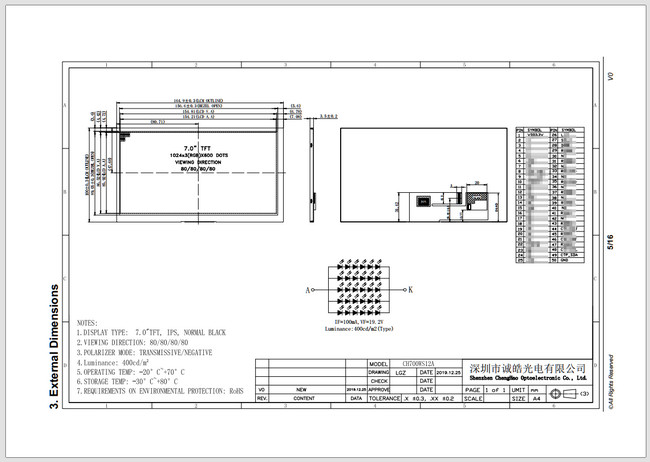 7-дюймовый IPS LVDS Малый сенсорный экран 1024x600 Белый светодиодный фонарь