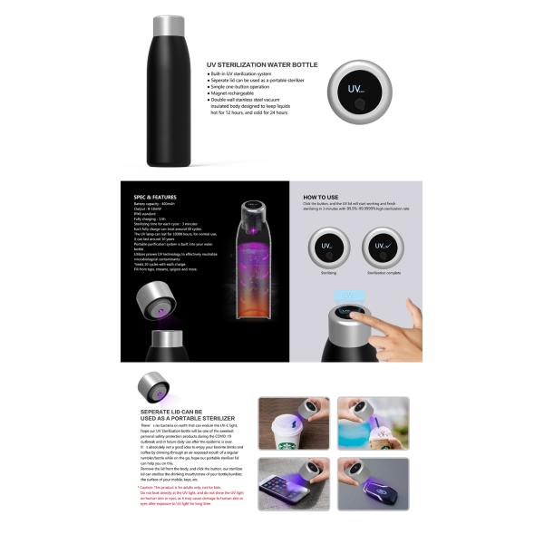 500Ml 304 Stainless Steel Ultraviolet Sterilizing Water Bottle
