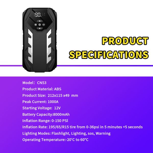8000mAh 12V Portable Car Jump Starter with Integrated Tire Inflator and Air Compressor Kit