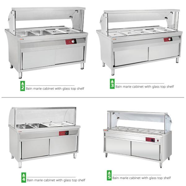 Stainless Steel Bain Marie Cabinet Commercial Working Table With Glass Top Shelf For Hotel