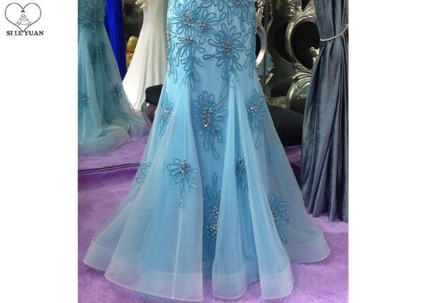 Blue Mermaid Style Prom Dress , High Collar Evening Gown Open Back Tulle Bottom
