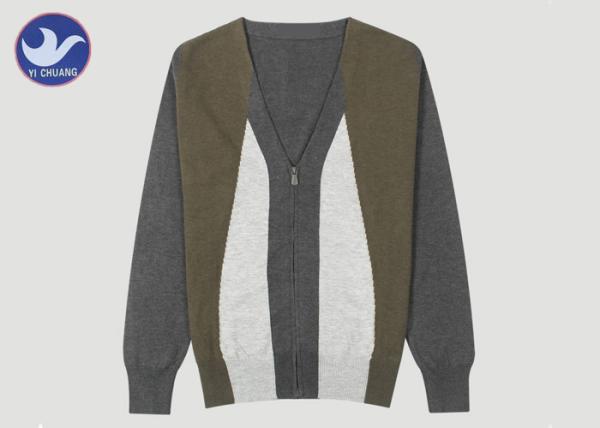 Zipper Up V Neck Mens Knit Cardigan Sweater Long Sleeves For Sport / Leasure