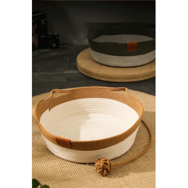Handmade All-Season Cat Bed Solid Pattern Rattan Woven Pet Nest Winter Warm Removable Washable Pad Scratch Board Small Animals
