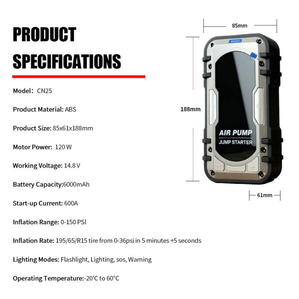 Multi Function Car Battery Jump Starter 12 Volt 32000mAh With Air Compressor Tire Inflator 3 - 150 PSI