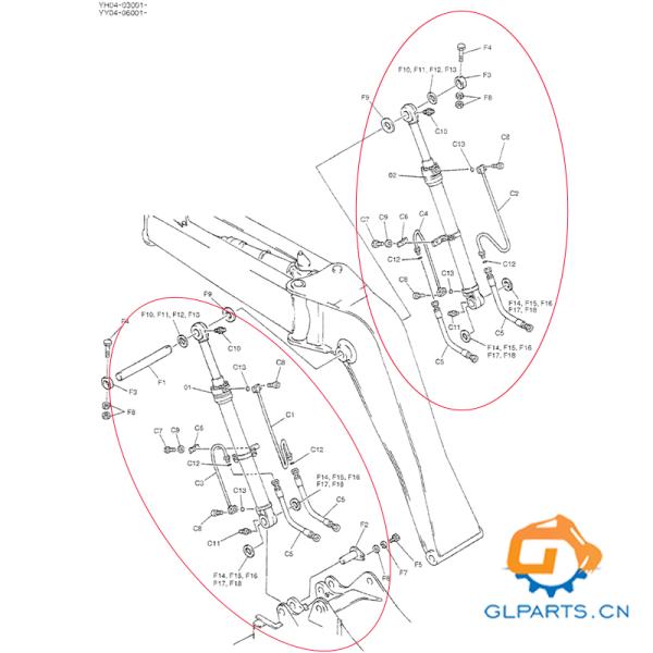 SK135 SK135SR Cilindro de rayo hidráulico YY01V00001F1 YY01V00002F1 Para Kobelco