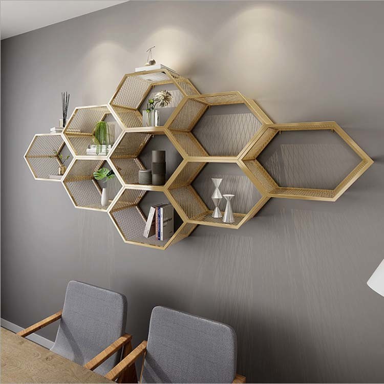 Contemporary Design Style Metal Hexagon Wall Shelf for Wall Mount Storage