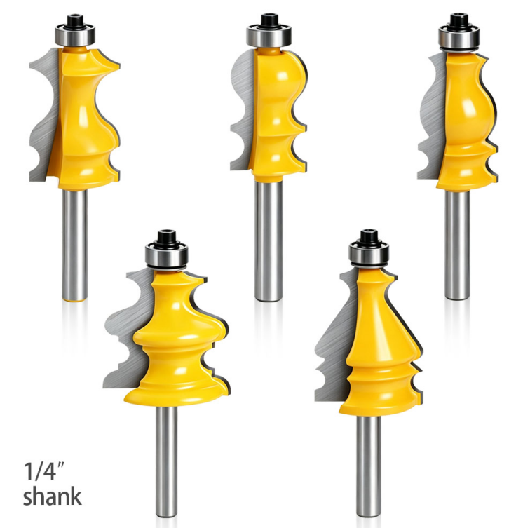 YingBa 5pcs Set 1/4 Shank High-Yingness Alloy Milling Cutter for Multi-Layered Fancy Edge Lines CNC Router Bit