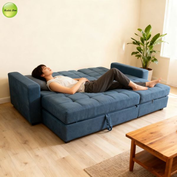 Multifunctional L Shape Sofa For Living Room Linen Fabric Sofa Convertible Sleeping Foldable Sofa Bed With Storage Ottoman