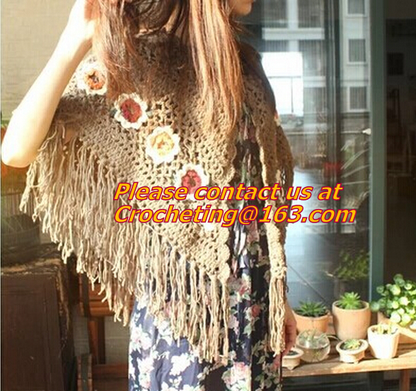 Mexican print knitted open poncho with roll neck, Green Free Knitting Crochet Woman