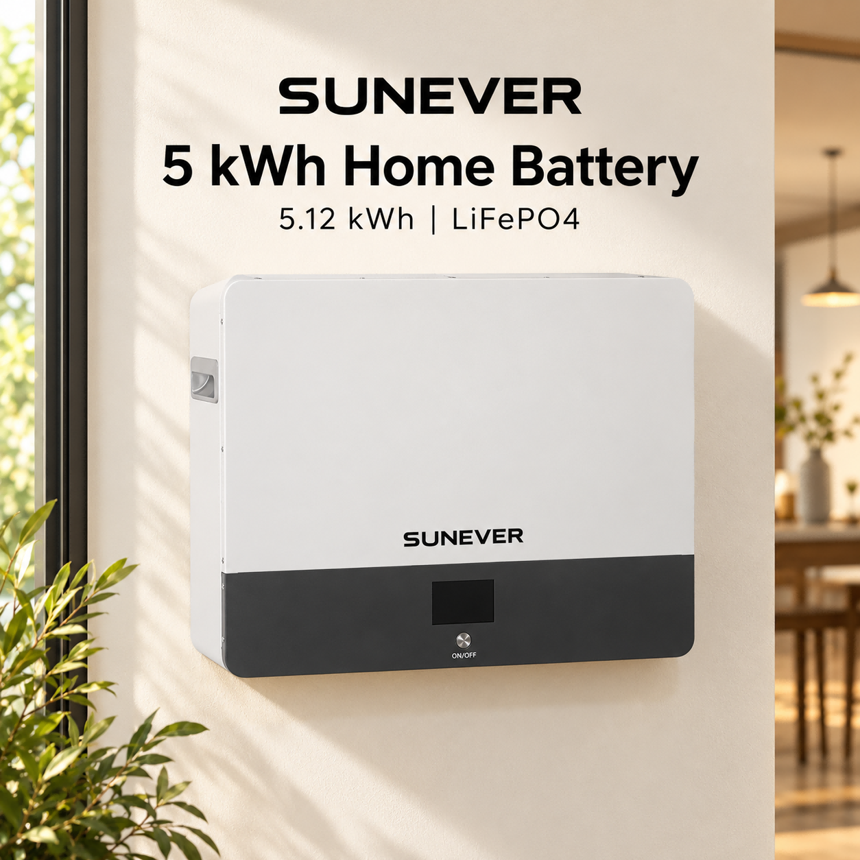 SUNEVER 5kWh Wall-Mounted LiFePO4 solar energy storage battery 51.2V 100Ah for solar battery storage system