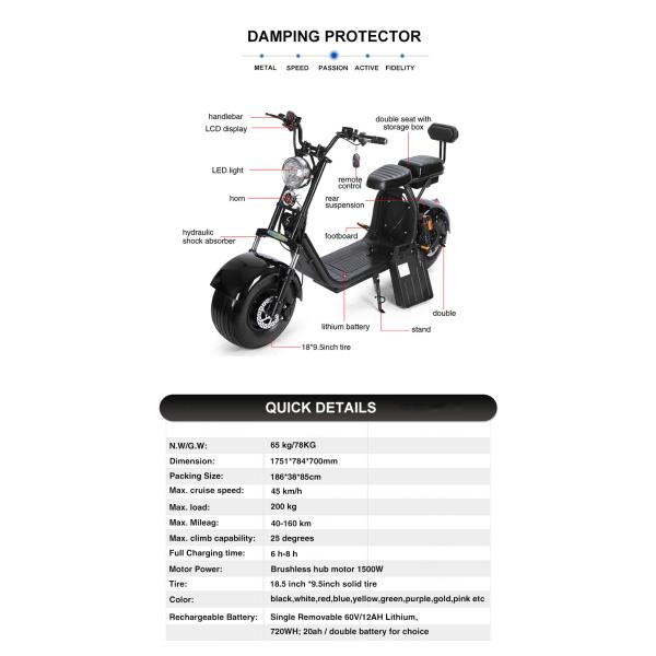 1500W Brushless Motor Electric Harley Scooter 60v 12ah Double Lithium Battery Choice