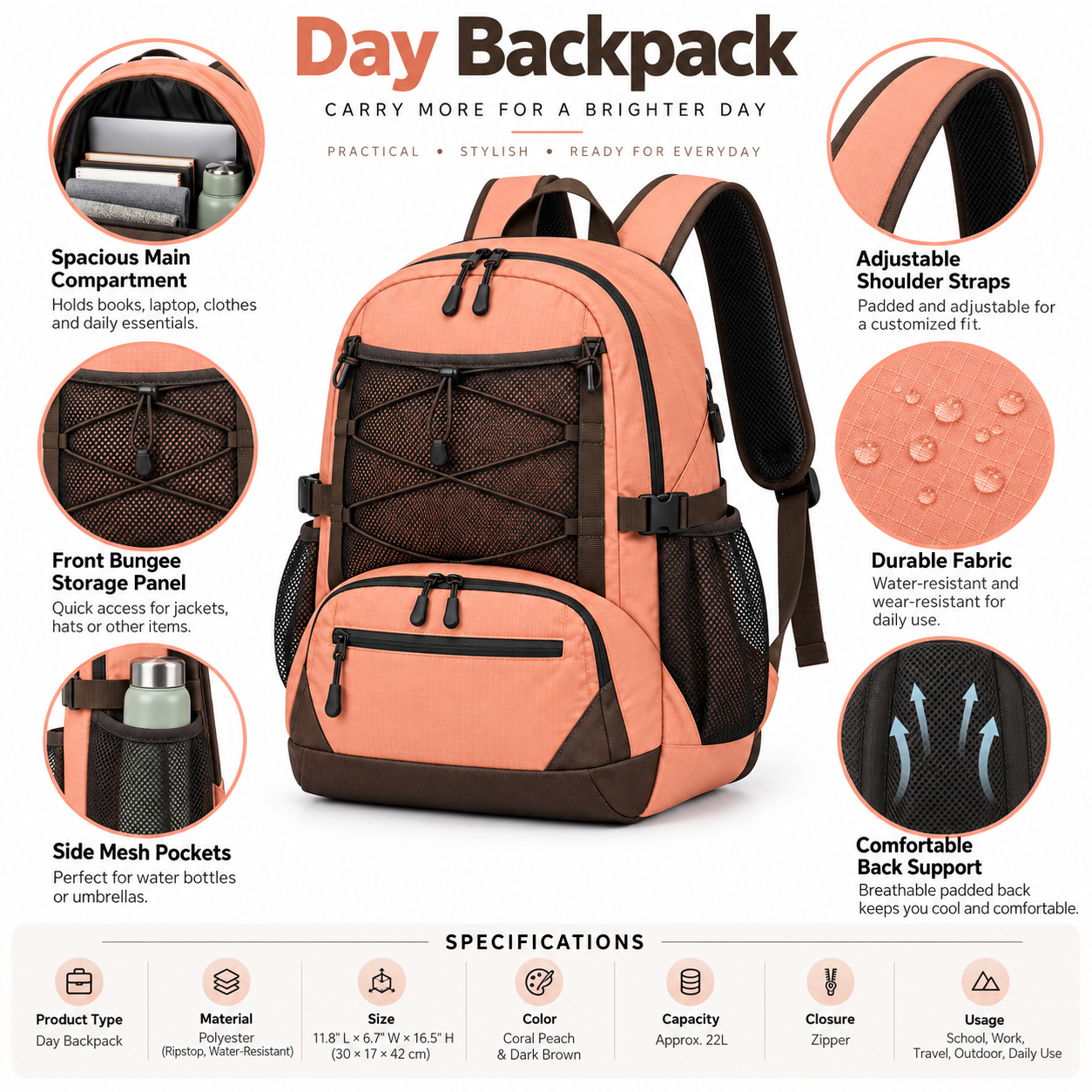 Outdoor Sports Backpack with Front Mesh Pocket – Lightweight Hiking Daypack with Bungee Cord, Side Bottle Pockets, Compression Straps & Padded Shoulder Straps Custom Bag Manufacturer