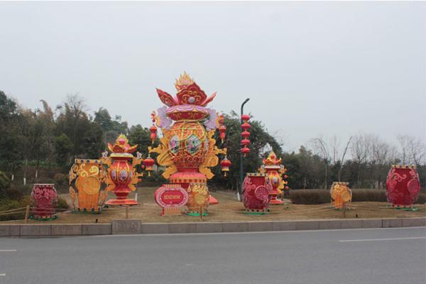 Red Decorated Special Lamp Post Lantern Display On Chinese Street