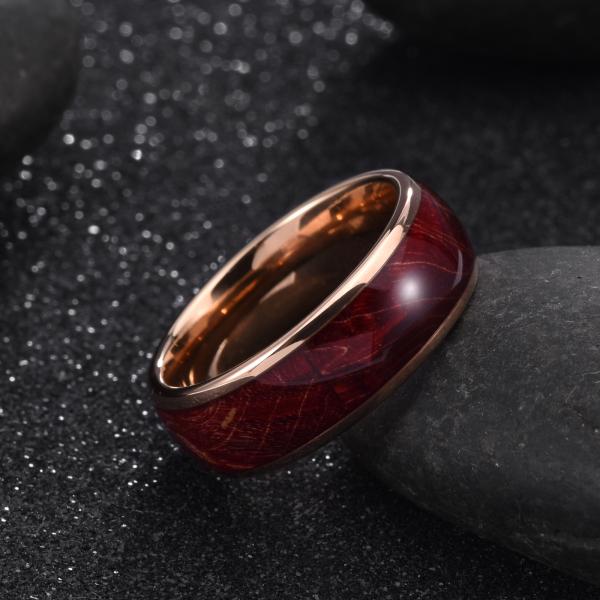 8mm High Polished Rose Gold Tungsten Carbide Ring Red Box Elder Wood Inlay Dome  Edges Comfort Fit