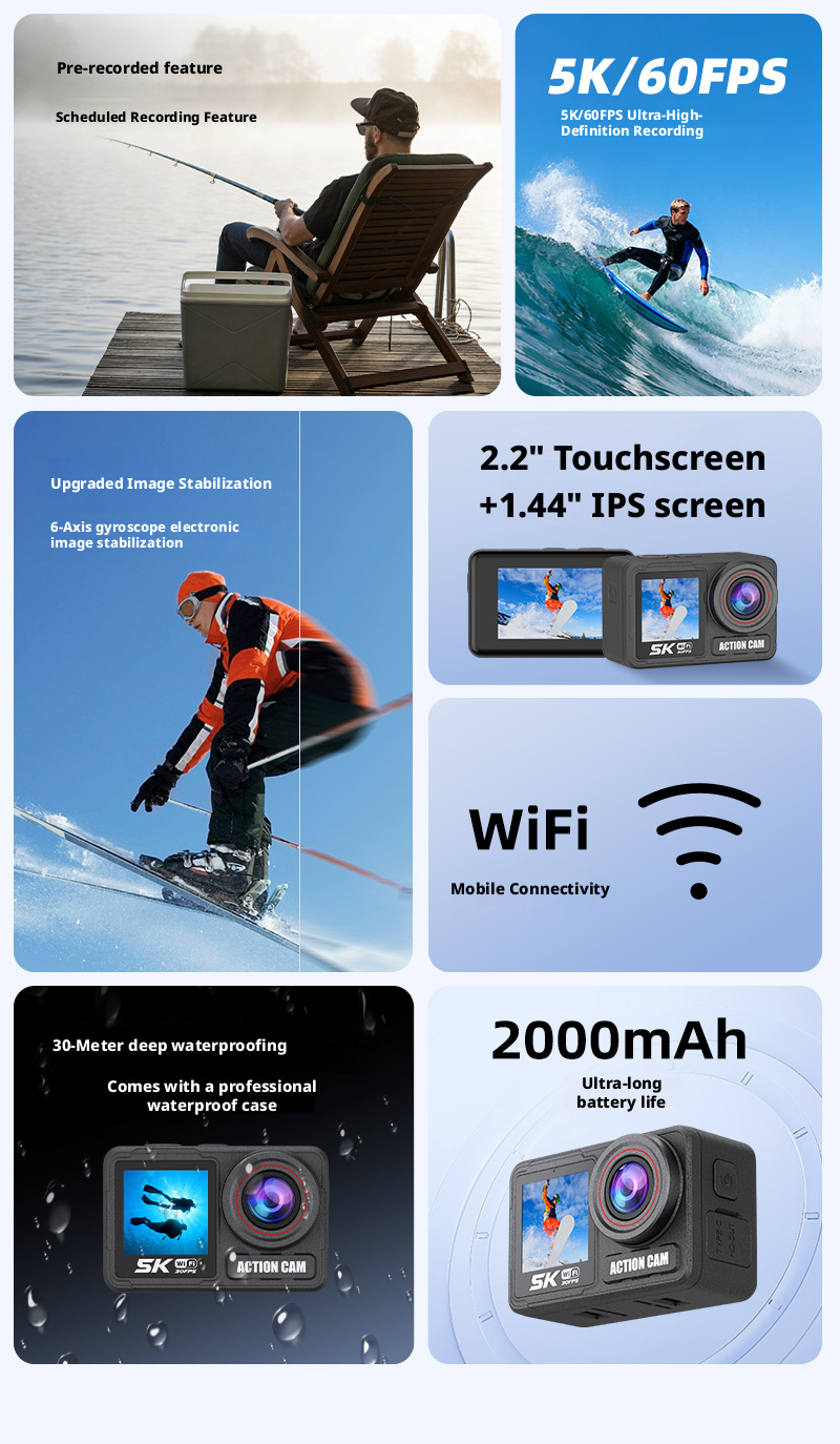 Factory Directly Supply 5K Action Camera Dual Touch Screen with Custom Service for Outdoor Diving and Camping