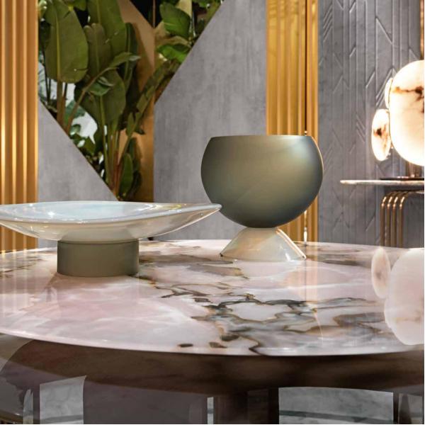 Turntable Luxury Modern Dining Table Stainless Steel Glass Surface