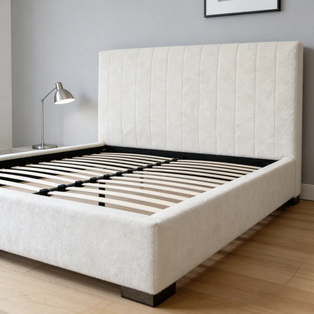 Queen Size Cream White Velvet Upholstered Platform Bed Model