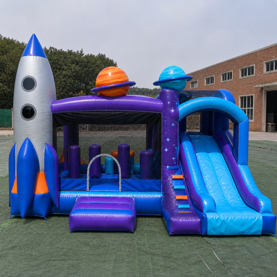 Commercial Cosmic Rocket Inflatable Bouncer Slide with Space Decorations Safety Mesh and Soft Landing Area