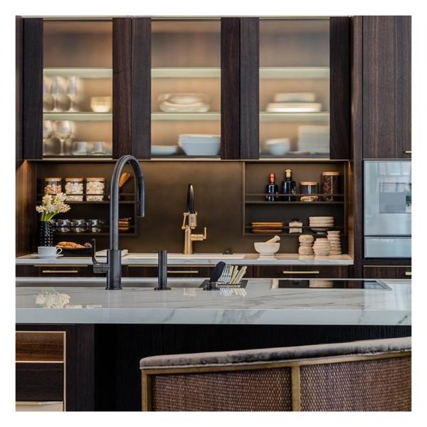 Faucet Accessories Dark Glass Panel Solid Wood Modular Kitchen Cabinets for Apartment