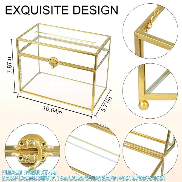 Glass Wedding Card Box With Slot, Clear Card Box Gold Brass Gift Card Storage Box Perfect For Wedding Receptions