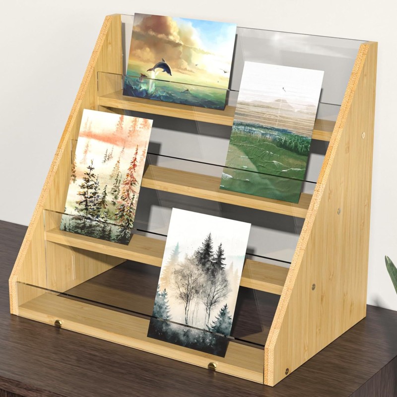 Multi-Layer Bamboo Acrylic Greeting Card and Postcard Display Rack for Wedding or Birthday Storage Decorative Rack