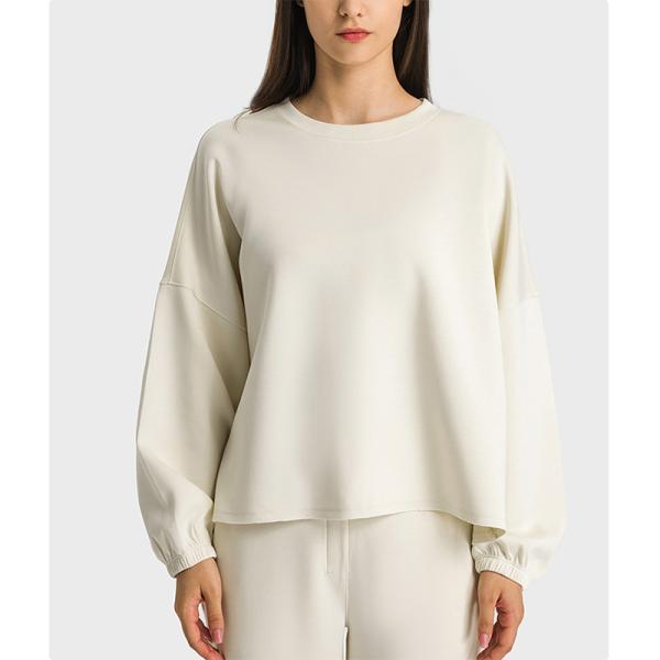 Jade White Womens Yoga Tops Oversized Long Sleeve Drop Shoulder Solid Pullover