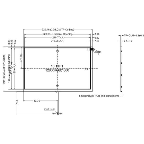 10 Inch Resistive LCD Touch Screen 1280x800 Dots Industrial / Medical Grade