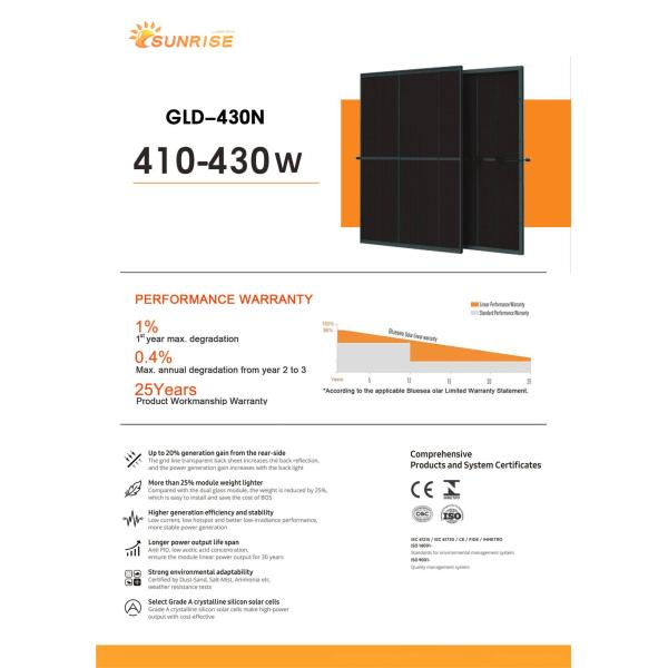 MC Compatible 425W N-type Solar Panel for Solar Energy System ISO/IEC//EC/UL Certified