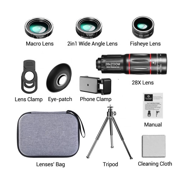 4 In 1 Phone Camera Lens OEM Phone Lens Kit With 28X Telephoto 0.6X Wide Angle and 20X Macro
