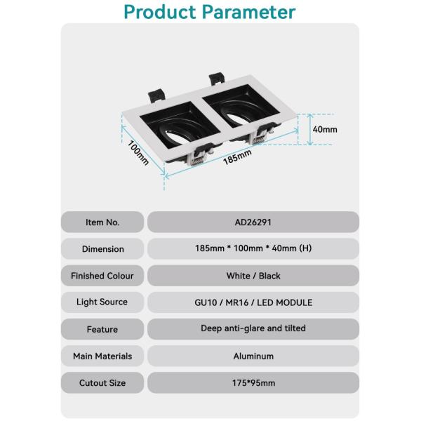 Dual-head GU10 MR16 Commercial Adjustable Recessed Spotlight Downlight Frame