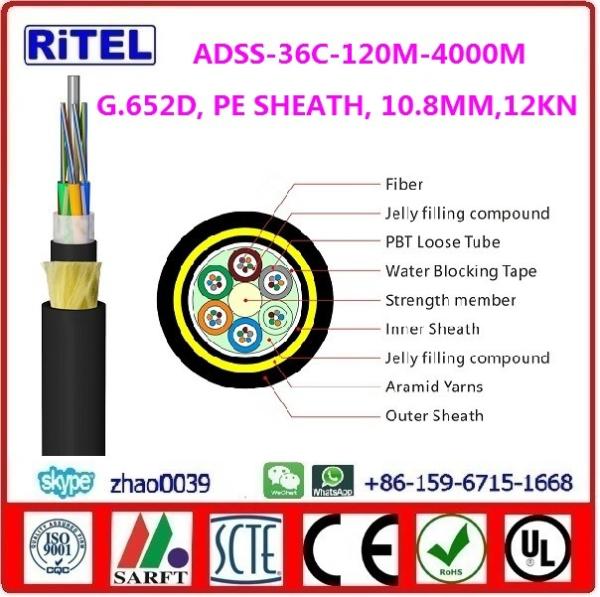 ADSS central loose tube layer-stranded fiber optic cable ADSS-12C, 100M SPAN, PE SHEATH