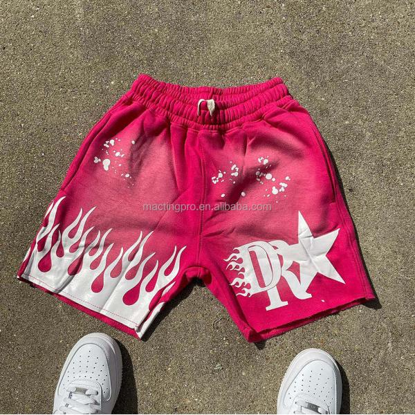 Blue Black Acid Wash Shorts Yellow Drawstring Closure Graphic Print Cotton French Terry Streetwear Shorts Men