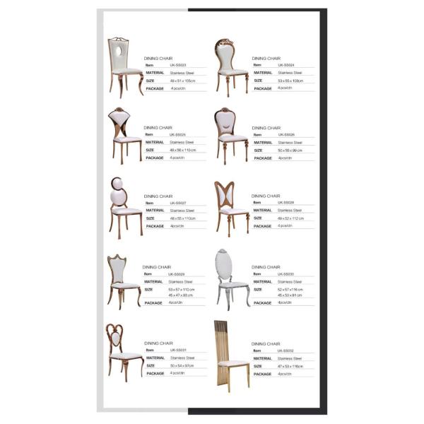 Casamento de aço inoxidável da parte traseira de círculo do ouro que janta cadeiras com o coxim de couro branco
